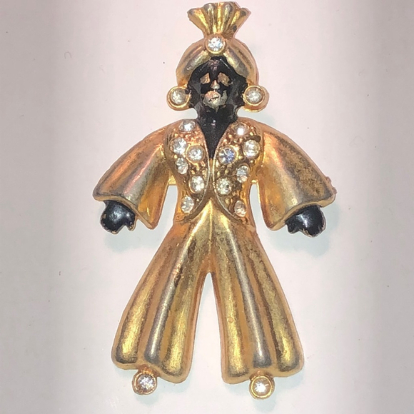 Vintage Jewelry - Vintage Satin Soft Gold Tone CZ Rhinestone Turban Man Brooch Shoulder Pin